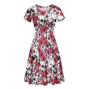 2162 Skull Flower Art Print Halloween Dresses Plus Size Round Neck Short